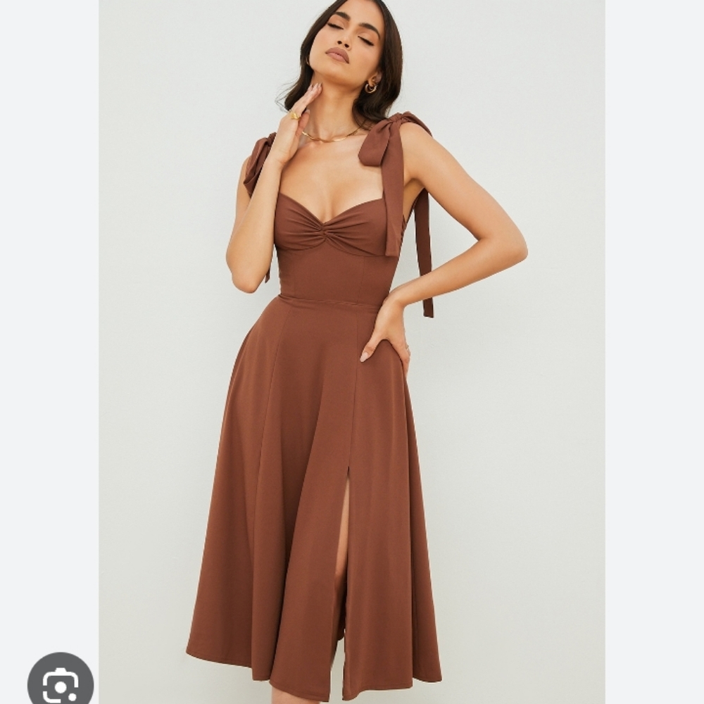 Tie-Shoulder Midi Dress in Brown